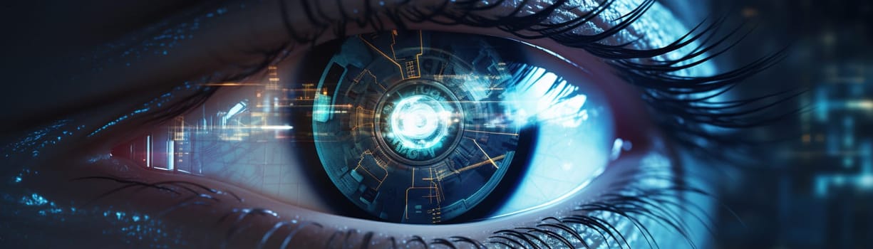 Macro view of eye with cybernetic iris, perfect for topics on surveillance, AI, biometric security, and futuristic technology in marketing materials. IT, digital world, computer data. Generative AI