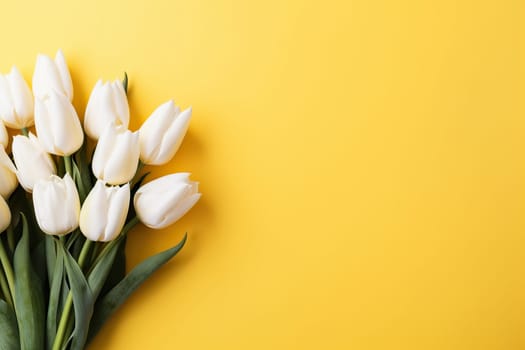 Bouquet of beautiful white tulips on a yellow background on the right. Spring, summer greeting background.