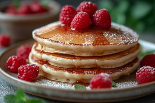 low carbohydrate pancakes with yogurt and raspberry. Close-up.