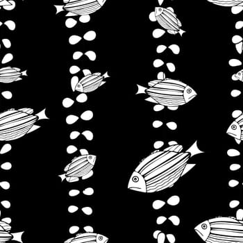 Hand Drawn Black and White Fish Background. Seamless Pattern with Fishes. Sea Animal Digital Papers.