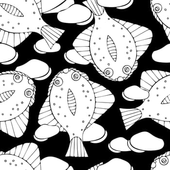 Hand Drawn Black and White Fish Background. Seamless Pattern with Fishes. Sea Animal Digital Papers.