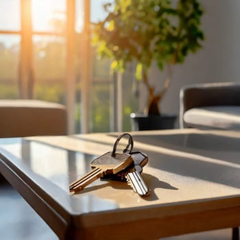 The house keys are lying on the table, along with a house-shaped key ring attached to them, AI generated
