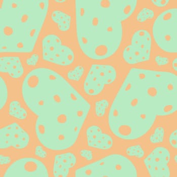 Hand Drawn Seamless Patterns with Hearts in Doodle Style. Romantic Love Digital Paper for Valentines Day. Colorful Hearts on Pastel Orange Background.