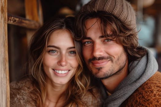 Portrait of a happy young couple in a village house.