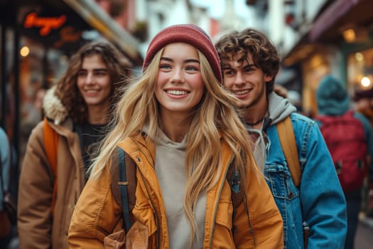 Cheerful friends are walking along a city street.