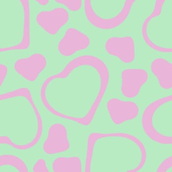 Hand Drawn Seamless Patterns with Hearts in Doodle Style. Romantic Love Digital Paper for Valentines Day. Colorful Hearts on Green Pastel Background.