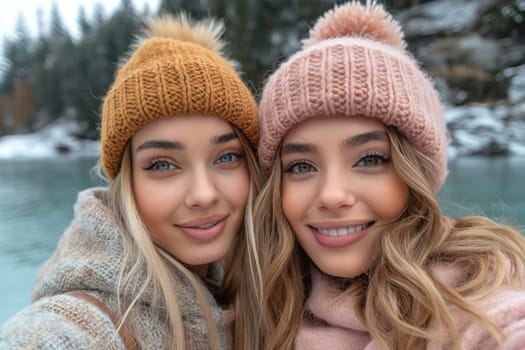 A young woman with her friend takes a selfie on a mobile phone on the shore of a lake in winter. Close-up.