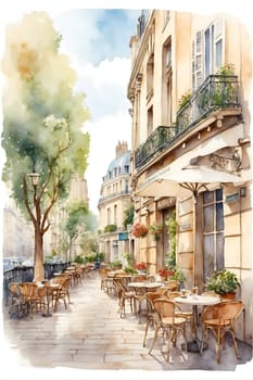 A colorful watercolor painting portraying a bustling cafe in the vibrant city of Paris, showcasing people enjoying their meals and drinks at outdoor tables.