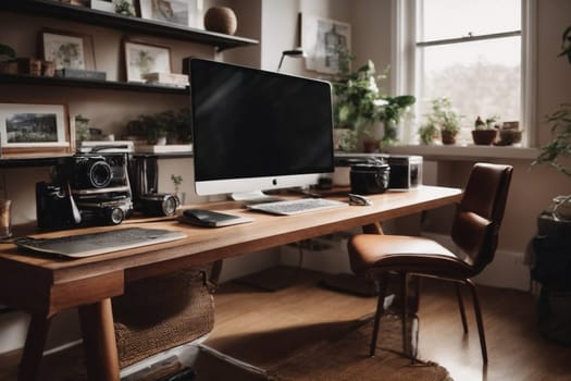 A desk featuring a computer monitor, keyboard, and camera, forming a setup for work or video conferencing.