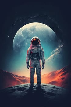 A man dressed in an astronaut suit stands on the moons surface.