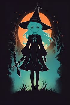 A girl dressed in a witch costume confidently holds a broom.