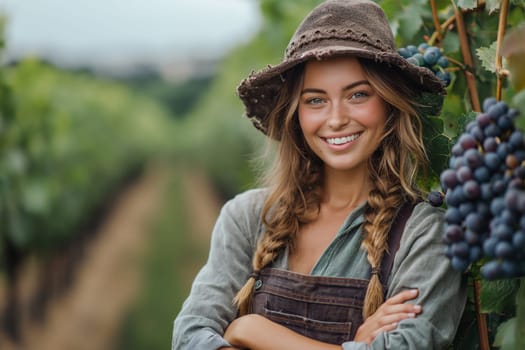 Smiling female farmer standing with arms crossed at vineyard. Agricultural concept.