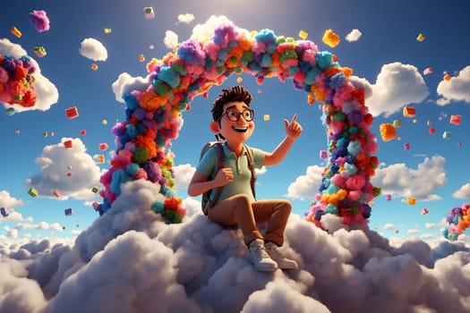 A man sits on a cloud surrounded by colorful balloons.