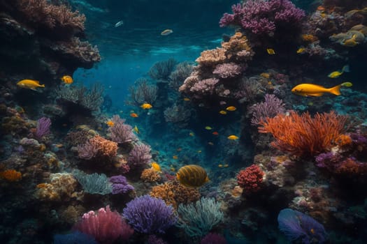 An underwater photograph showcasing a diverse range of fish swimming among a vibrant coral reef.
