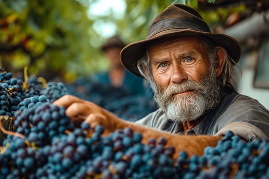 Mature male farmer pours blue grapes into a trailer in a vineyard. Agricultural concept.