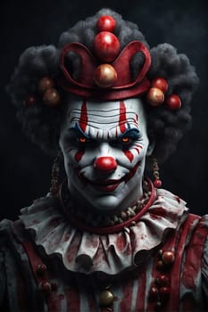 A photo of a clown wearing colorful clown makeup and applying additional layers of clown makeup.