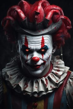 A chilling and unsettling image of a clown with fiery red hair and a face covered in eerie makeup.