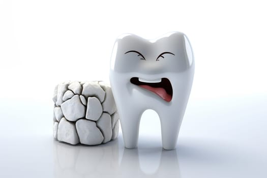 Cartoon tooth with an expression of fear on its face on a white background.