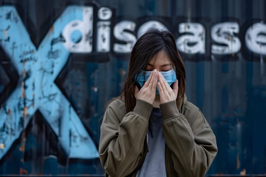 Woman covering her face with hands over facial mask for disease X concept. Neural network generated image. Not based on any actual scene or pattern.