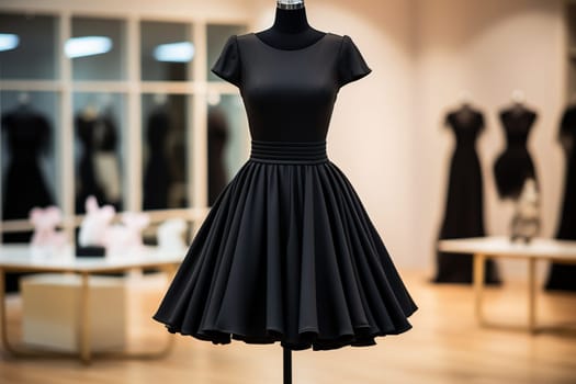 A beautiful black dress on a mannequin in a fashion salon. Shopping, vogue concept.