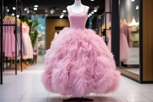 Elegant pink fluffy women's dress on a mannequin.