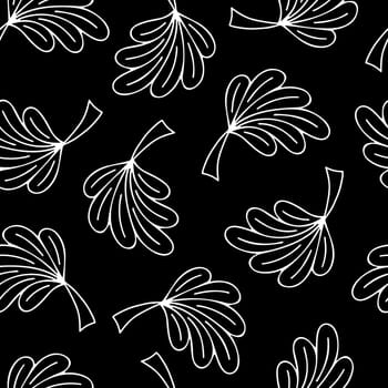 Seamless Pattern with Hand Drawn Black and White Leaves. Autumn Falling Digital Paper with Leaf in Sketched Style. Background with Contour Leaves. Cover for Eco, Organic, Vegan Design.