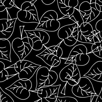 Seamless Pattern with Hand Drawn Black and White Leaves. Autumn Falling Digital Paper with Leaf in Sketched Style. Background with Contour Leaves. Cover for Eco, Organic, Vegan Design.