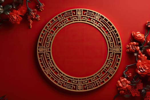 Red background with a frame of gilded flowers. Chinese traditions.
