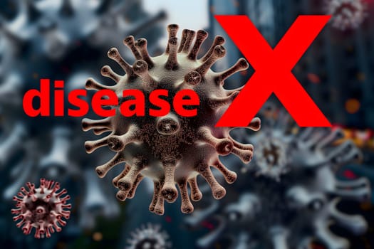 Disease X conceptual composition with coronaviruses for new pandemic topic. Neural network generated image. Not based on any actual scene or pattern.