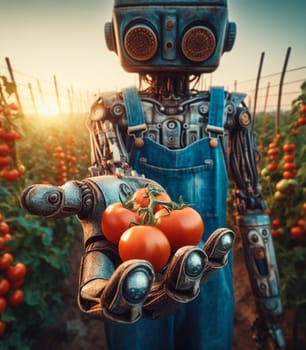 robot working in the farm vegetable garden to grow produce for human consumption ai generated