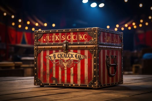Jack box on the wooden floor in the circus. Circus day.