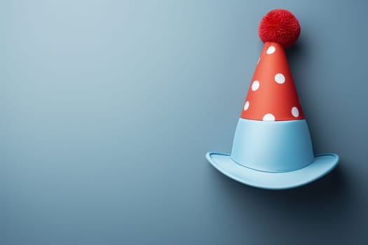 Multicolored clown hat on a blue background with space for text. April Fool's Day.