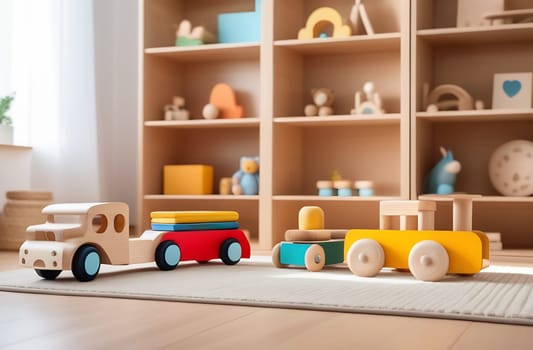 Wooden toy collection. Cars made of natural wood. Eco-friendly toys. Children's room.