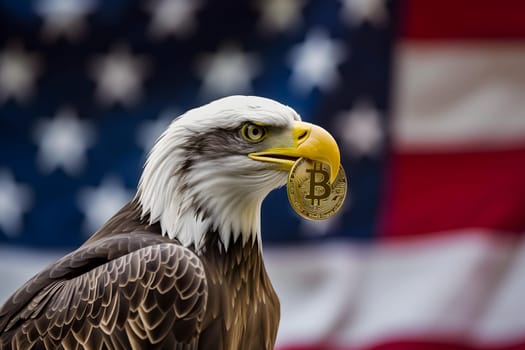 Bald eagle holding bitcoin shiner with USA flag on the background. Neural network generated image. Not based on any actual person or scene.