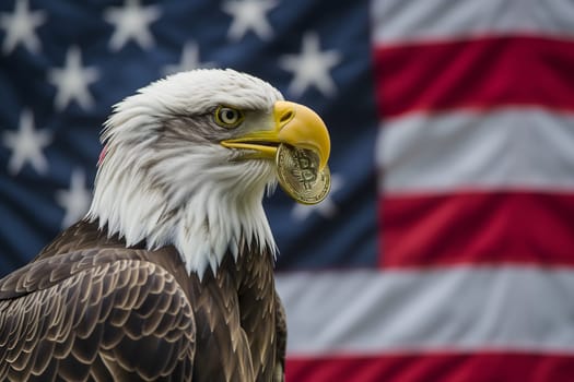 Bald eagle holding bitcoin shiner with USA flag on the background. Neural network generated image. Not based on any actual person or scene.