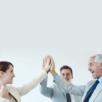 Business, people high five for celebration of success, achievement and support for teamwork. Happy, collaboration and team building gesture with hands together in solidarity and pride for winning.