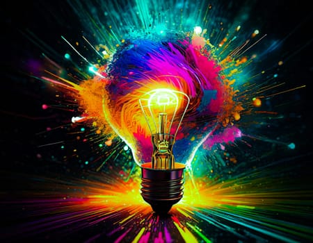 Illustration with glowing light bulb, color rays, dark background, AI generated
