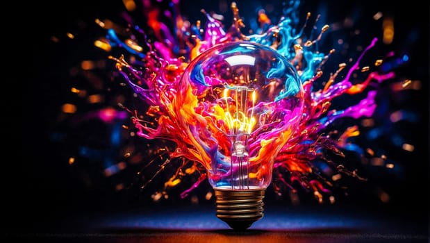 Bright bulb, explosion of colors, dark background, AI generated