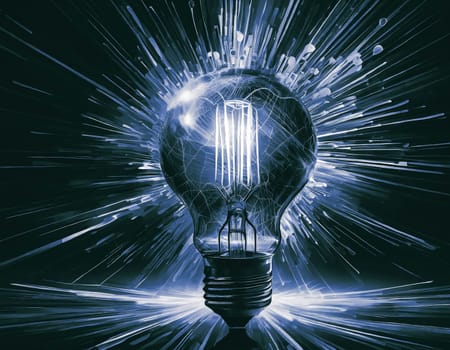 Illustration with glowing light bulb, shades of gray, AI generated