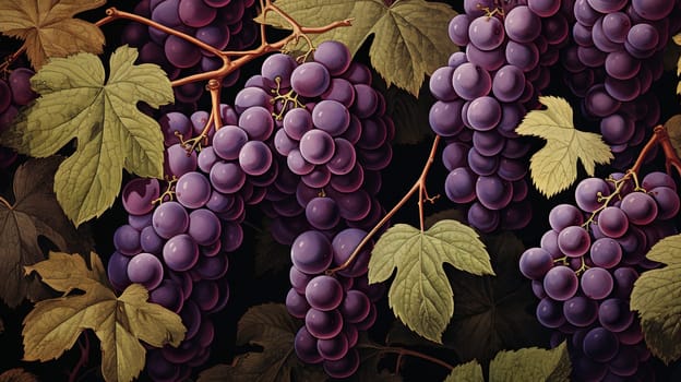 Horizontal background with a pattern of bunches of blue grapes with leaves.