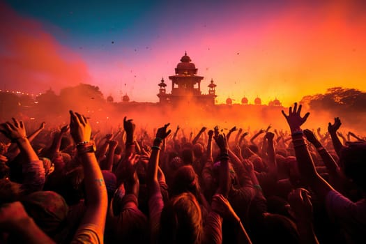 Indian festival happy holy. Crowd of people at the festival of colors.