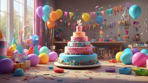 A birthday cake adorned with candles sits at the center of a festive scene, with colorful balloons and streamers adding to the celebratory atmosphere.