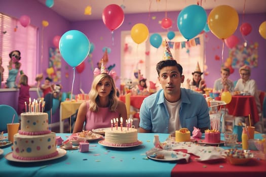 A man and woman sitting at a table, celebrating a birthday together as they enjoy a slice of cake.