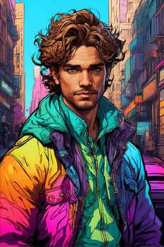 A painting of a man wearing a vibrant and multicolored jacket, showcasing his unique sense of style.
