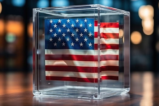 Glass ballot box with USA flag on a blur background.