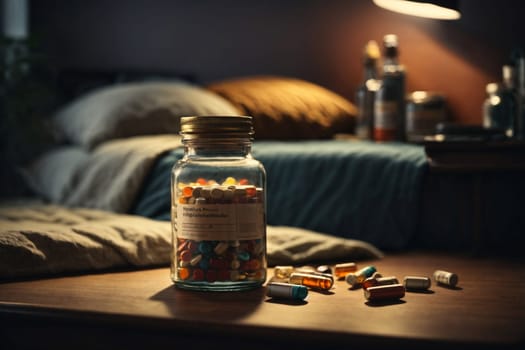 A glass jar filled with assorted candy sits prominently on top of a sturdy wooden table.