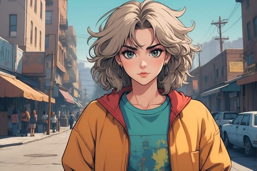 A woman with blonde hair stands confidently on a bustling city street.