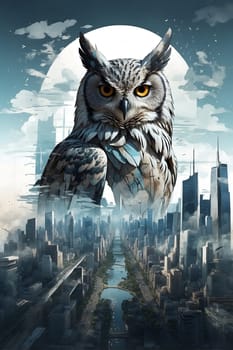 An owl sits on top of a tall building, overlooking the bustling city below.