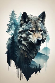 A stunning painting showcasing a majestic wolf in front of a scenic backdrop of tall trees.