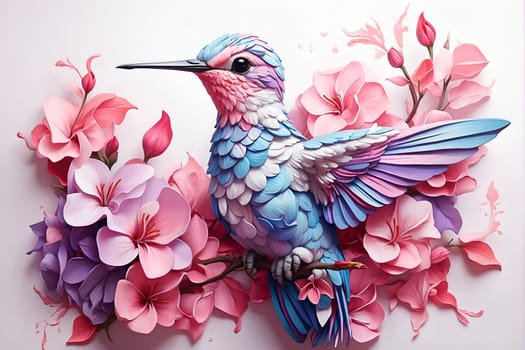A vibrant bird with bright feathers sits gracefully on a branch adorned with beautiful pink flowers.